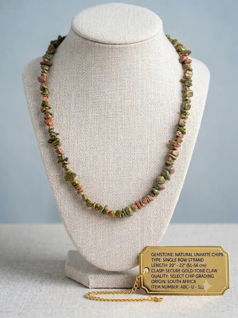 NATURAL GEMSTONE UNAKITE CHIPS, SINGLE ROW STRAND, Length 20-22 inches (adjustable), ABC-U-115